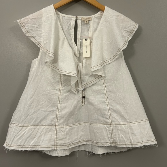 Anthropologie Pilcro Ruffle Neck Linen Swing Blouse Cream Size XS NWT - Picture 5 of 10
